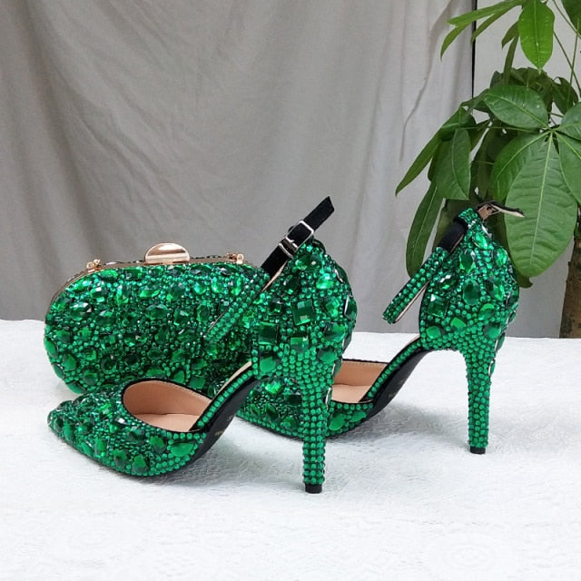 Green Crystal Thin Heel Pointed Toe Ladies Party Dress High Pumps