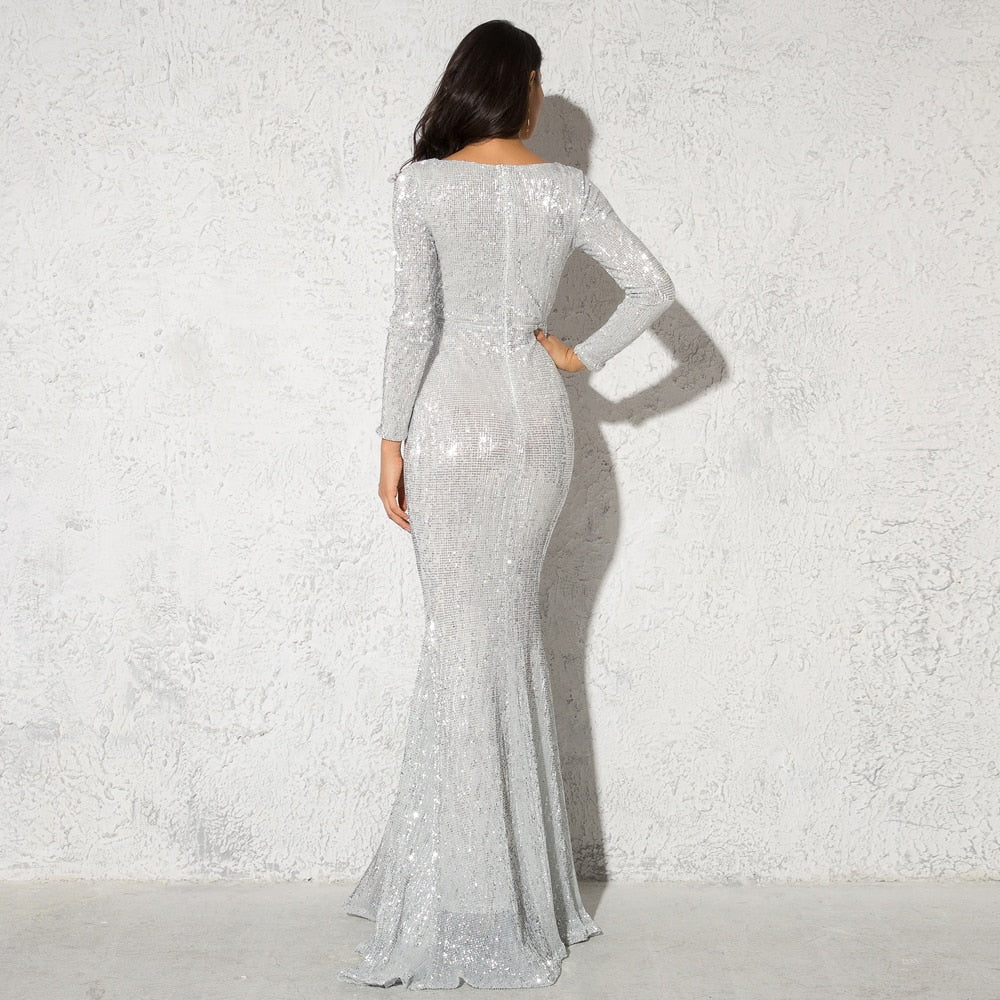 Elegant O Neck Long Sleeve Sequin Maxi Dress Floor Length Stretchy Bodycon Party Dress