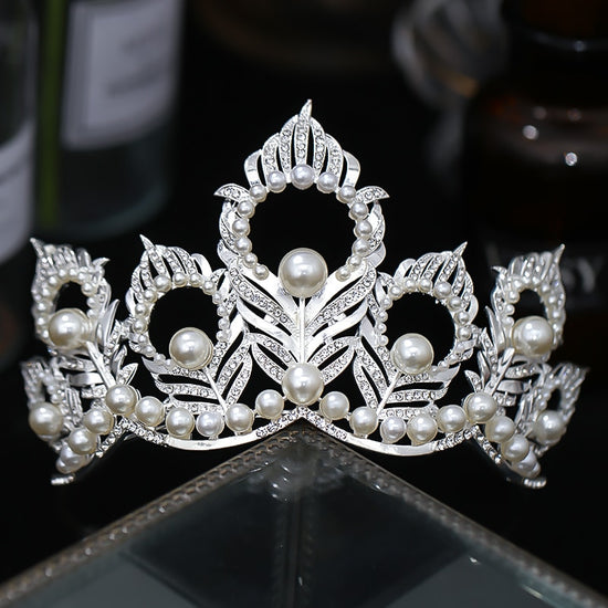 Silver Simulated Pearl Queen Tiara Crown Pageant Bridal Wedding Hair Accessory - TulleLux Bridal Crowns &  Accessories 