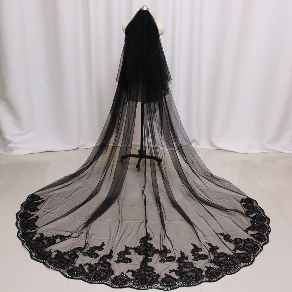 Black Long Wedding Veil with Sequined Lace Cathedral 2T Bridal Veil Cover Face 2 Layers 3 M Veil with Comb Wedding Accessories - TulleLux Bridal Crowns &  Accessories 