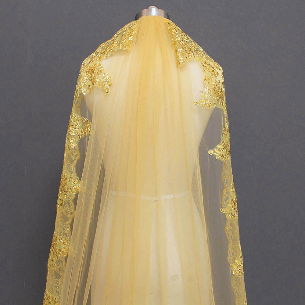 
                      
                        Glitter Sequins Gold Lace 1 Tier Cathedral Bridal Wedding Veil with Comb - TulleLux Bridal Crowns &  Accessories 
                      
                    