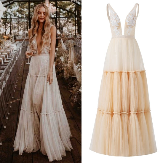 Load image into Gallery viewer, Summer Garden Party Boho Deep Sexy V Neck Sleeveless Tulle Lace Champagne Wedding Bridal Gown - TulleLux Bridal Crowns &amp;amp;  Accessories 

