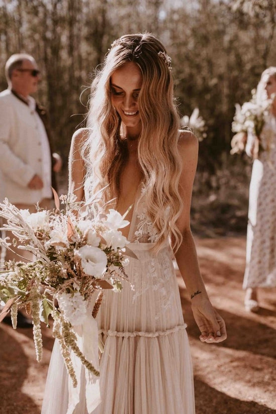 Load image into Gallery viewer, Summer Garden Party Boho Deep Sexy V Neck Sleeveless Tulle Lace Champagne Wedding Bridal Gown - TulleLux Bridal Crowns &amp;amp;  Accessories 
