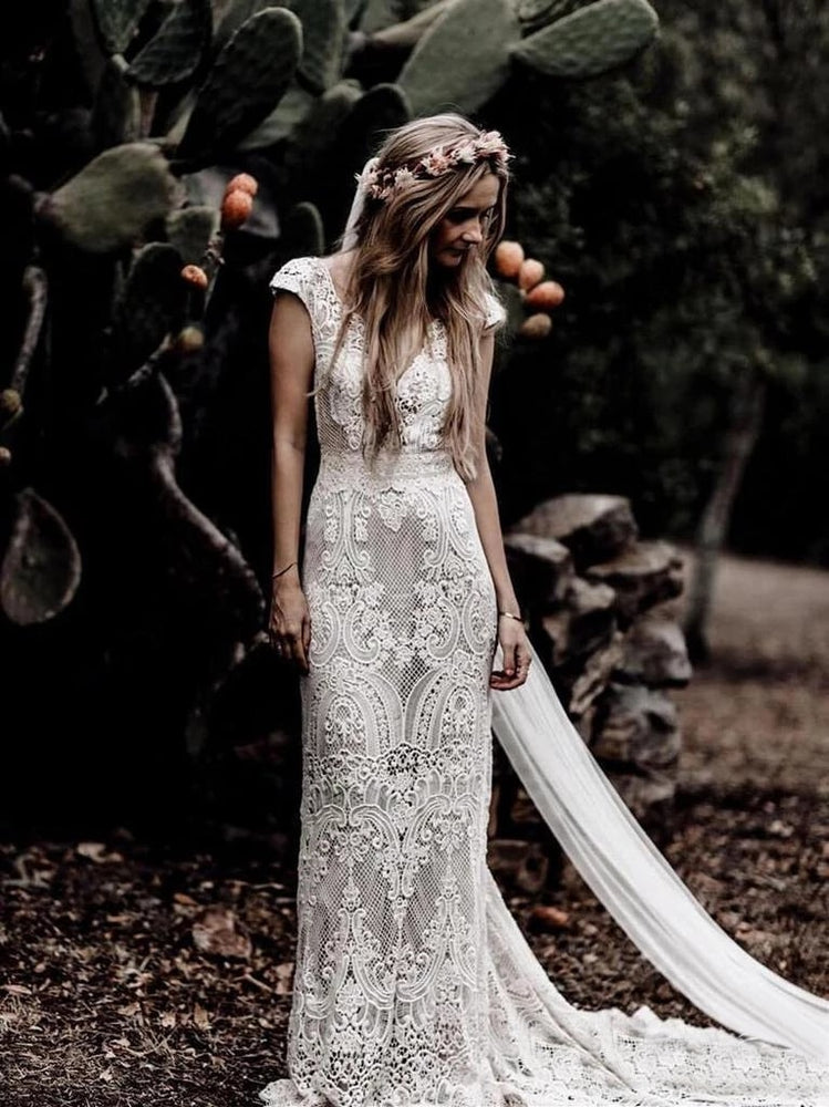 
                      
                        Deep V-Neck Lace Sheath Boho Bohemian Wedding Bridal Dress
                      
                    