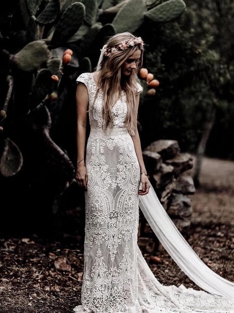 Deep V-Neck Lace Sheath Boho Bohemian Wedding Bridal Dress