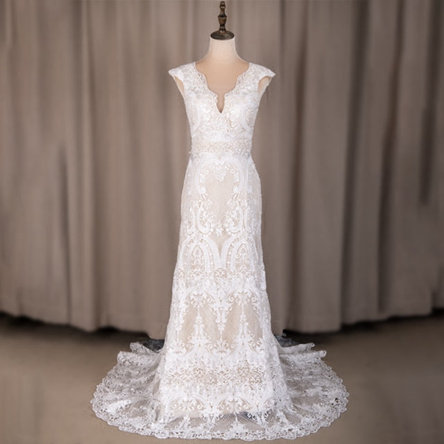 
                      
                        Deep V-Neck Lace Sheath Boho Bohemian Wedding Bridal Dress
                      
                    