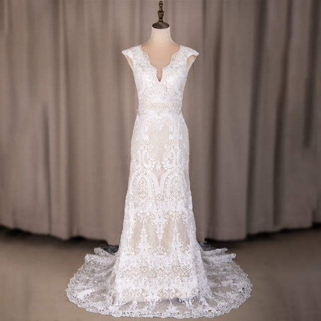Load image into Gallery viewer, Deep V-Neck Lace Sheath Boho Bohemian Wedding Bridal Dress
