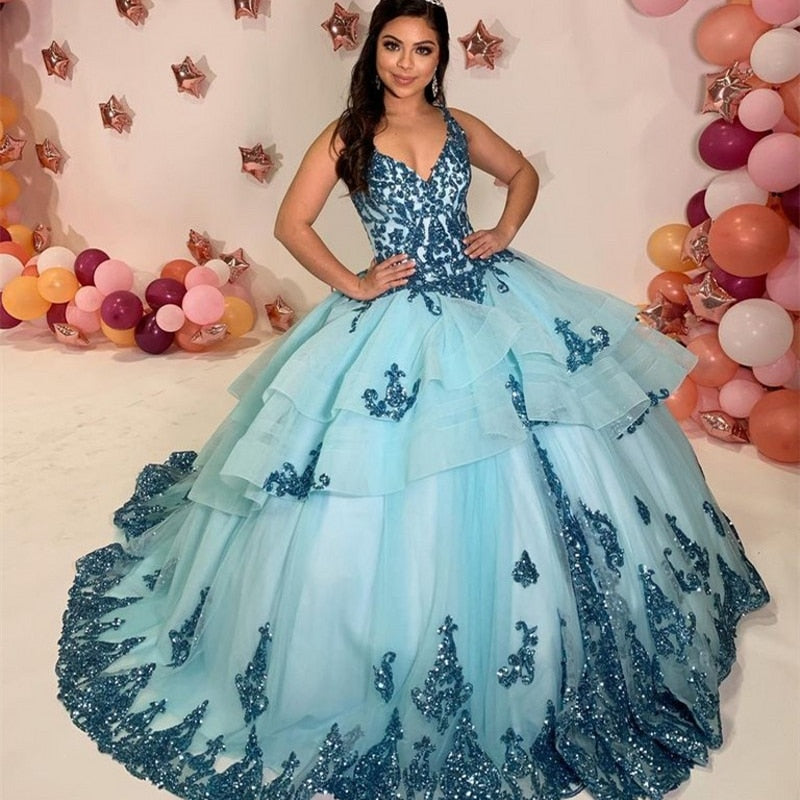 Tiered Ruffle Quinceañera Sequined Beading Princess Party Sweet 15,16  Pageant Ball Gown - TulleLux Bridal Crowns &  Accessories 
