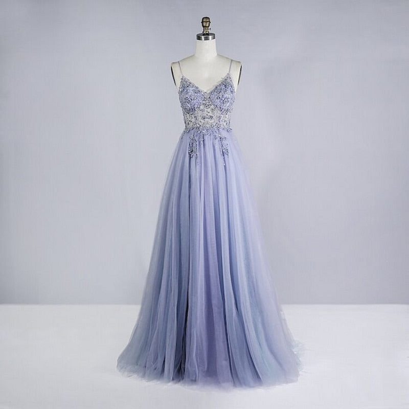 Wrap Top Tulle Half-Sleeve Appliques Prom Dresses, Dusty Lavender / 12