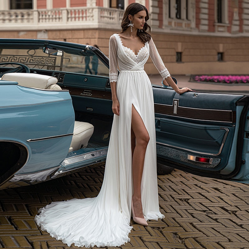 Bohemian Chiffon Backless V-neck A-line Cap Sleeve Beach Bridal Dress  Wedding Gown 