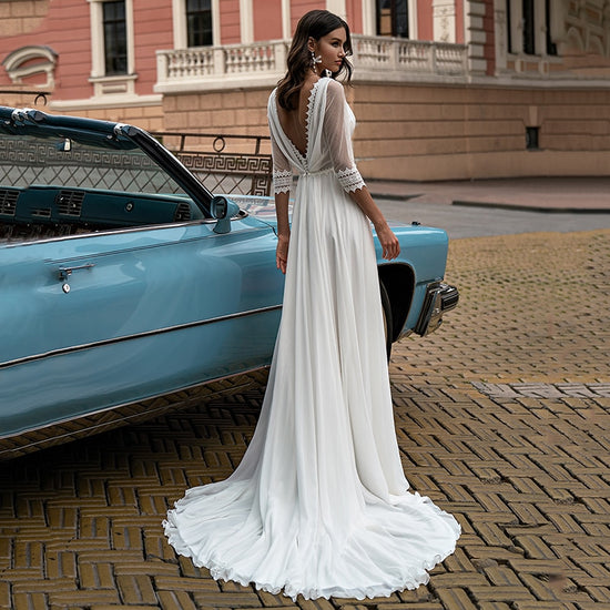 Fashion Boho Chiffon Wedding Dress Three Quarter Sleeve Backless Bridal Gown - TulleLux Bridal Crowns &  Accessories 