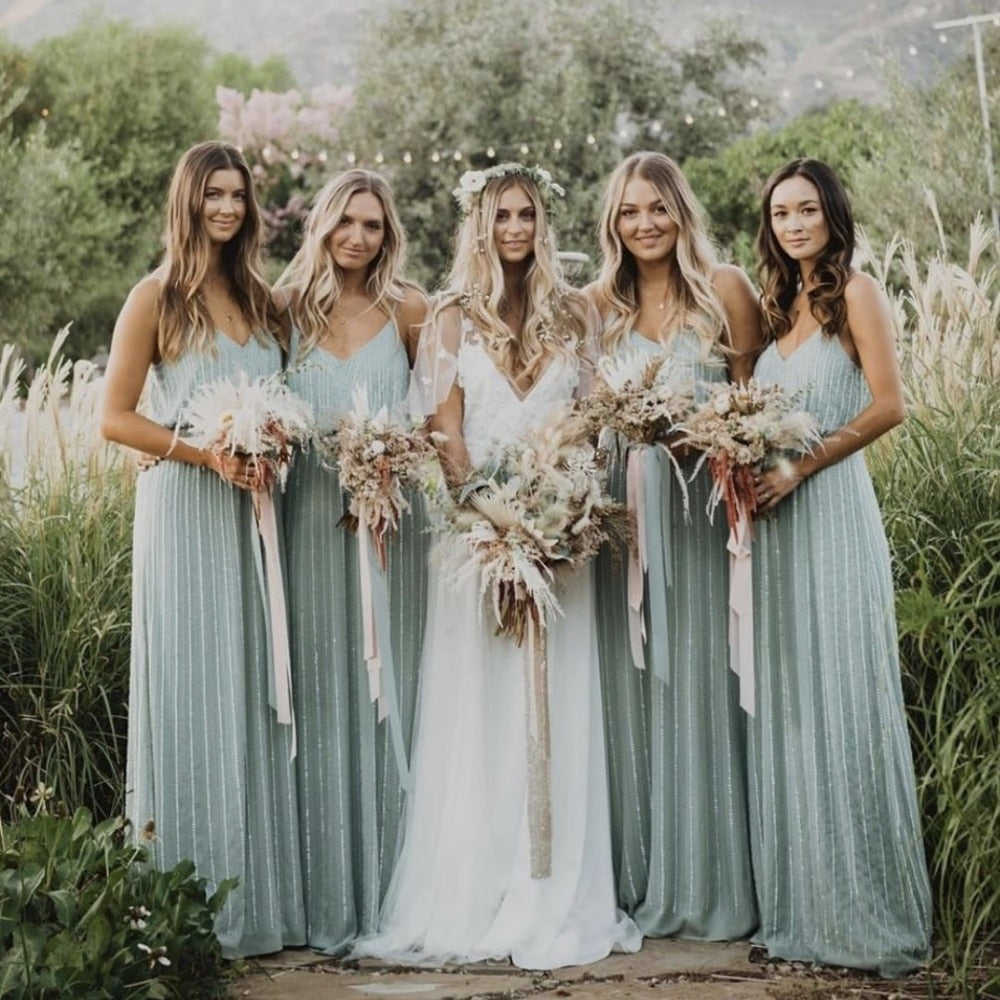 Bridesmaid Dress A-Line Spaghetti Straps V-Neck Floor Length Wedding Party Gown