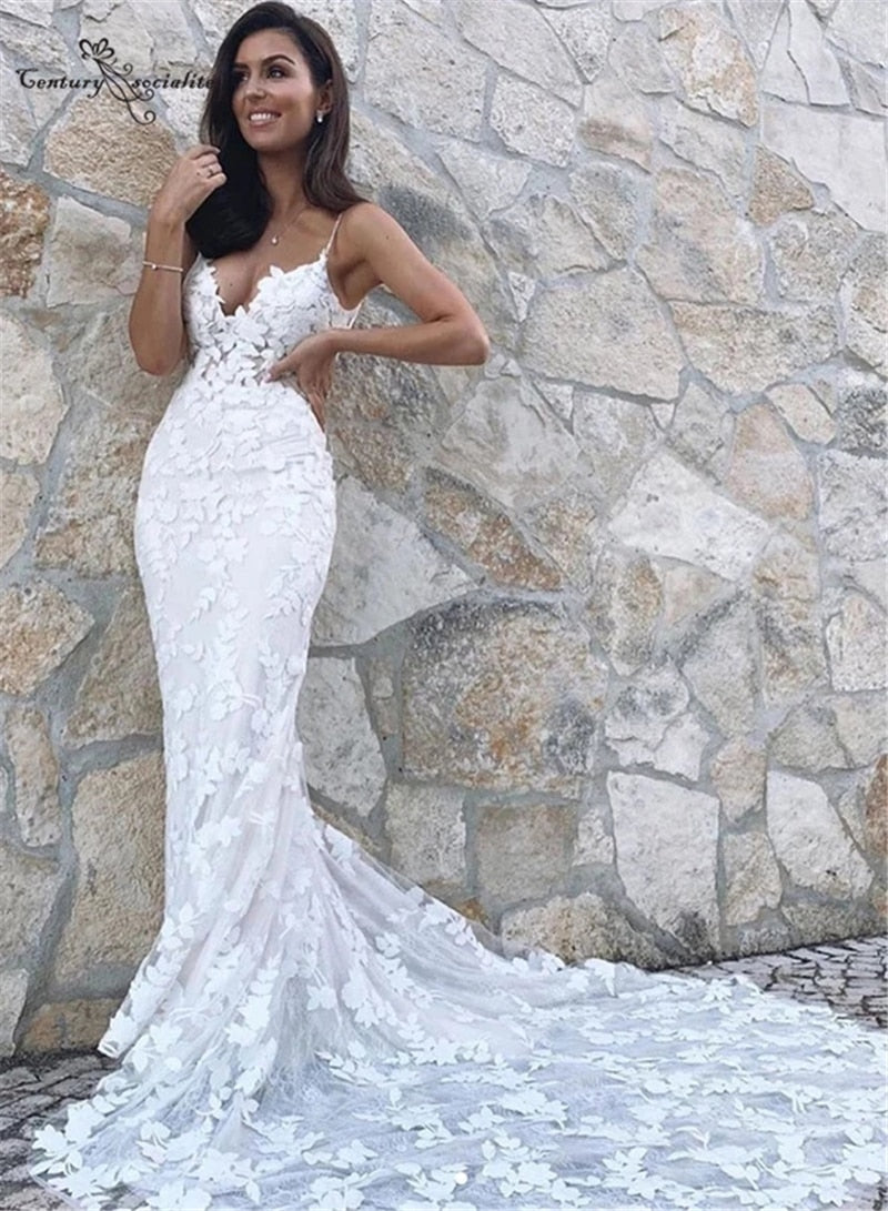 Backless Lace Beach Boho Wedding Day Bridal Gown - TulleLux Bridal Crowns &  Accessories 