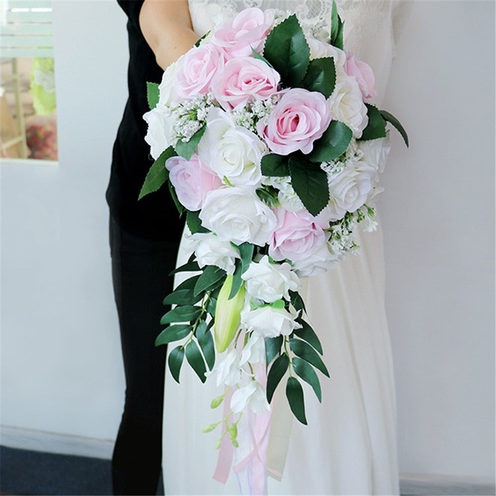 Elegant Rose Cascading Waterfall Bridal Wedding Bouquet 5 Color Styles –  TulleLux Bridal Crowns u0026 Accessories