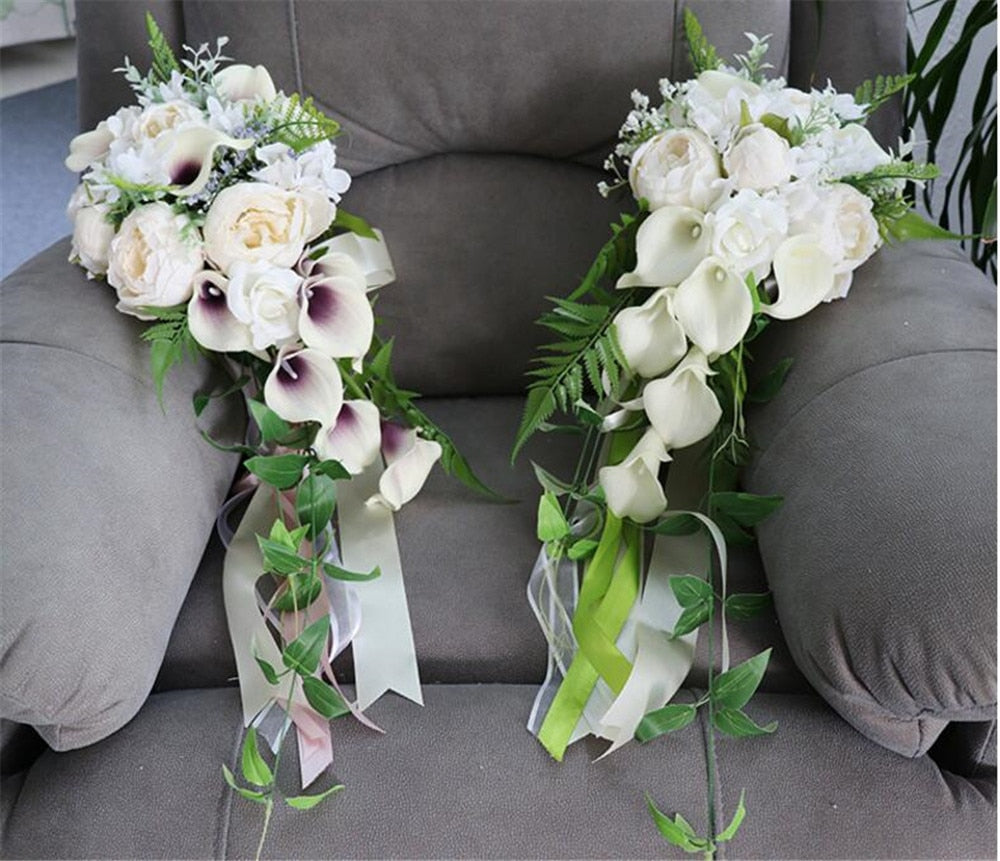 Artificial Calla Lily Flower Cascading Waterfall  Bridal Wedding Bouquet - TulleLux Bridal Crowns &  Accessories 