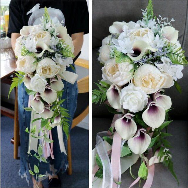 Taotenish Wedding Flower Bouquet Bride Bridal Foam Bouquets with Ribbon  Artificial Silk Rose Pearl Bouquet Simulation Silk Rose Flowers for Wedding