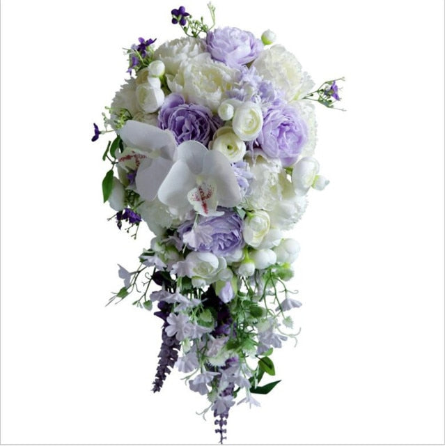 Load image into Gallery viewer, Waterfall Bridal Bouquet Purple Artificial Peony Wedding Flowers Bouquet - TulleLux Bridal Crowns &amp;amp;  Accessories 
