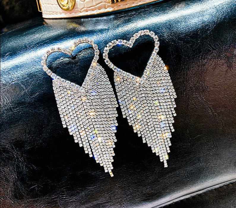 Full Rhinestone Drop Earrings Shiny Silver Heart Crystal Dangle Earrings