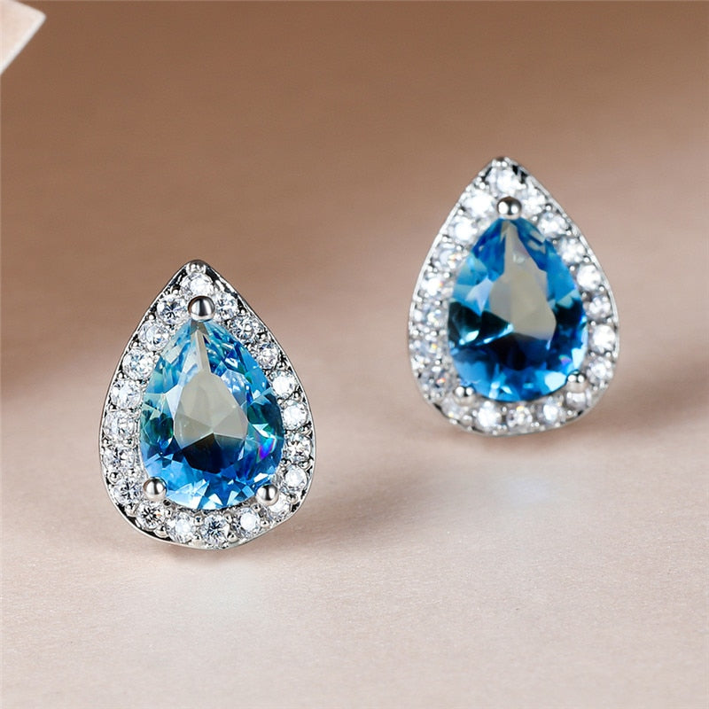 Blue Green Zircon Water Drop Teardrop Crystal Stud Earrings For Women Wedding Jewelry - TulleLux Bridal Crowns &  Accessories 