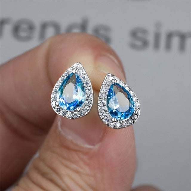 Blue Green Zircon Water Drop Teardrop Crystal Stud Earrings For Women Wedding Jewelry - TulleLux Bridal Crowns &  Accessories 