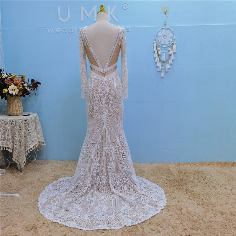 Load image into Gallery viewer, Crochet Lace Mermaid Wedding Dress Vintage Vestido De Noiva Sexy Backless Bridal Gown - TulleLux Bridal Crowns &amp;amp;  Accessories 
