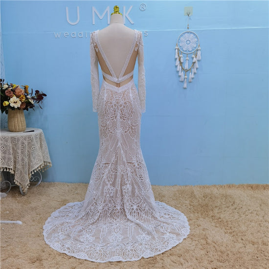 Crochet Lace Mermaid Wedding Dress Vintage Vestido De Noiva Sexy Backless Bridal Gown - TulleLux Bridal Crowns &  Accessories 