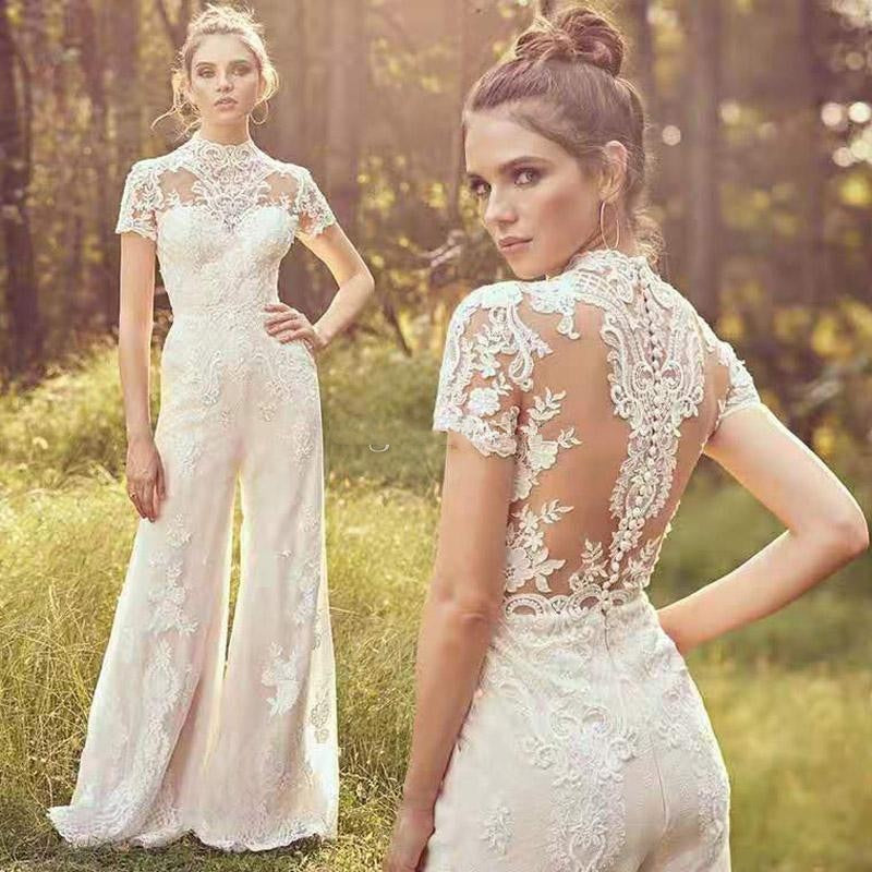 Illusion Lace Bodice Wedding Jumpsuit Satin Pants With Overskirt – TulleLux  Bridal Crowns & Accessories
