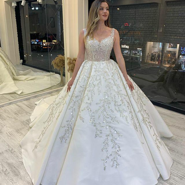 Luxury Princess Sequin Satin Lace Romantic Bridal Wedding Gown - TulleLux Bridal Crowns &  Accessories 