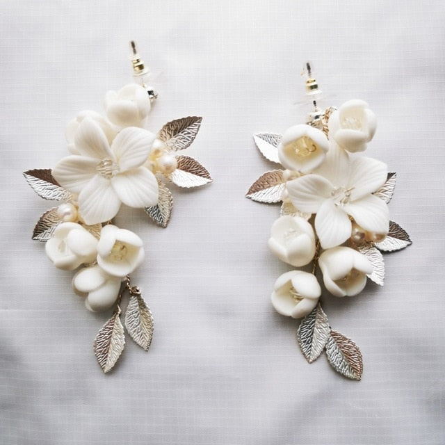 Load image into Gallery viewer, Fashion Porcelain Flower Bridal Earrings Handmade Wedding Jewelry - TulleLux Bridal Crowns &amp;amp;  Accessories 
