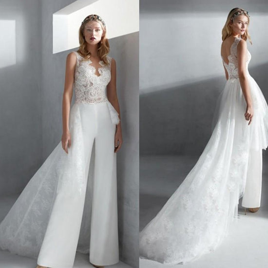 Jumpsuit Wedding Dress With Detachable Skirt Beaded Lace Bridal