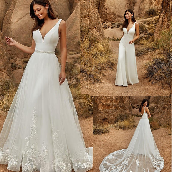 Jumpsuit Wedding Dress With Detachable Skirt Beaded Lace Bridal Gowns - TulleLux Bridal Crowns &  Accessories 