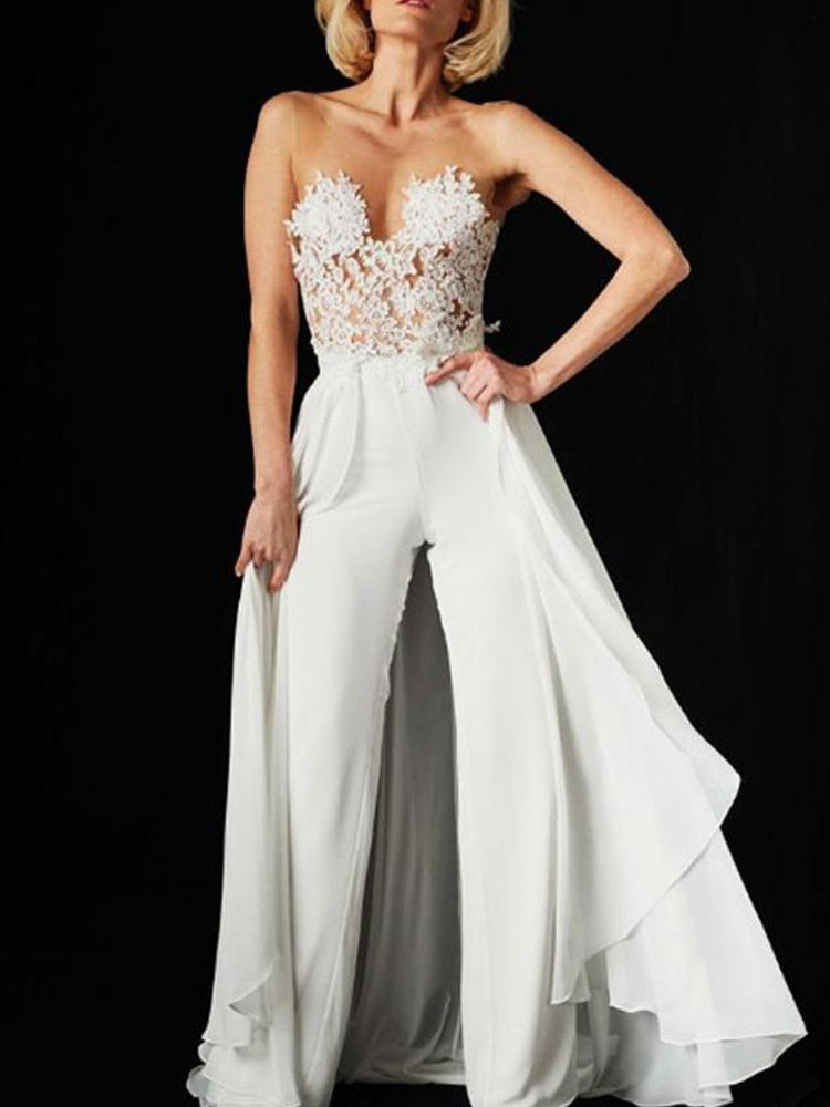 Illusion Lace Bodice Wedding Jumpsuit Satin Pants With Overskirt