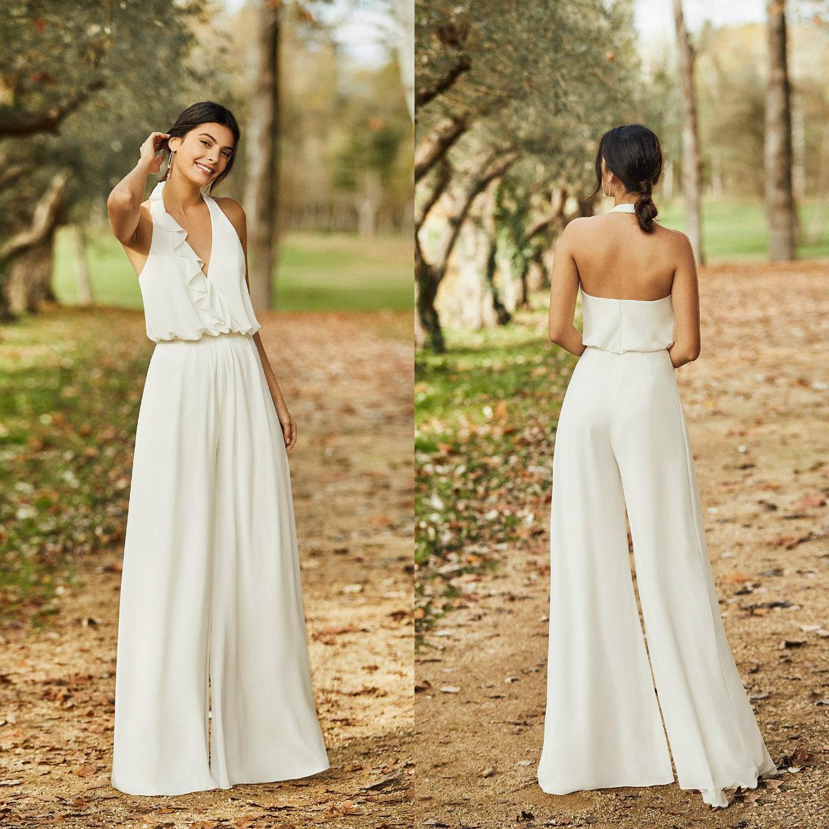 Bohemian Country Halter Wedding Dress Jumpsuit Sexy Backless Chiffon Robes De Mariée - TulleLux Bridal Crowns &  Accessories 