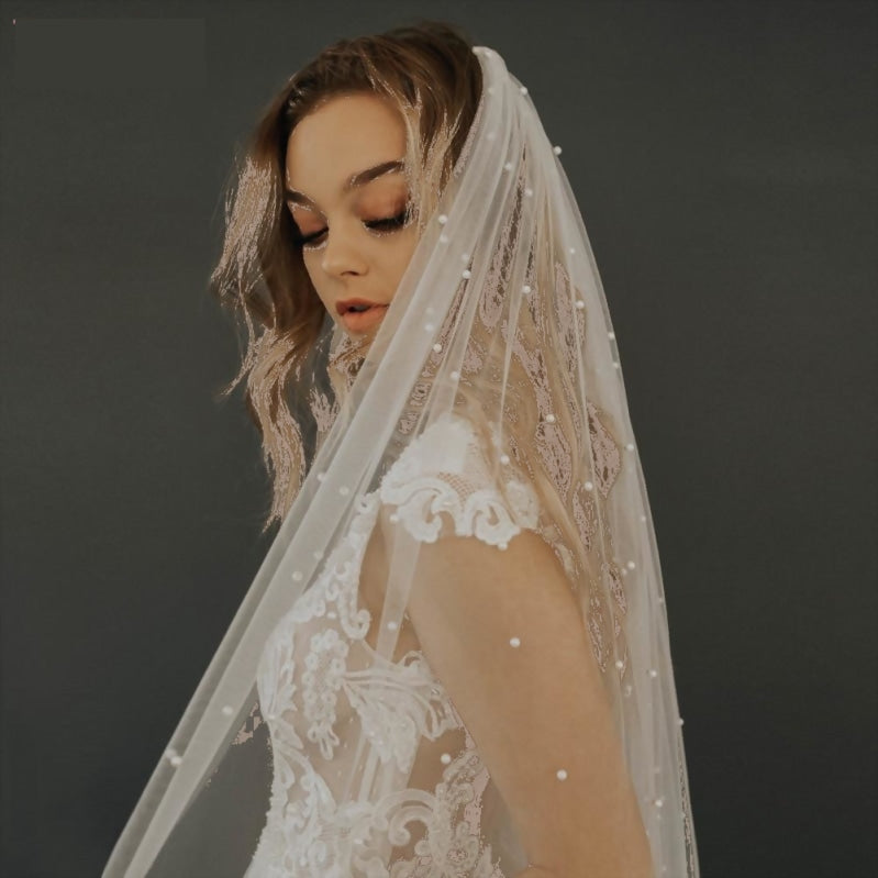 Tulle Pearl Beaded Bridal  Wedding Veil with Hair Comb Size Short Through Cathedral - TulleLux Bridal Crowns &  Accessories 