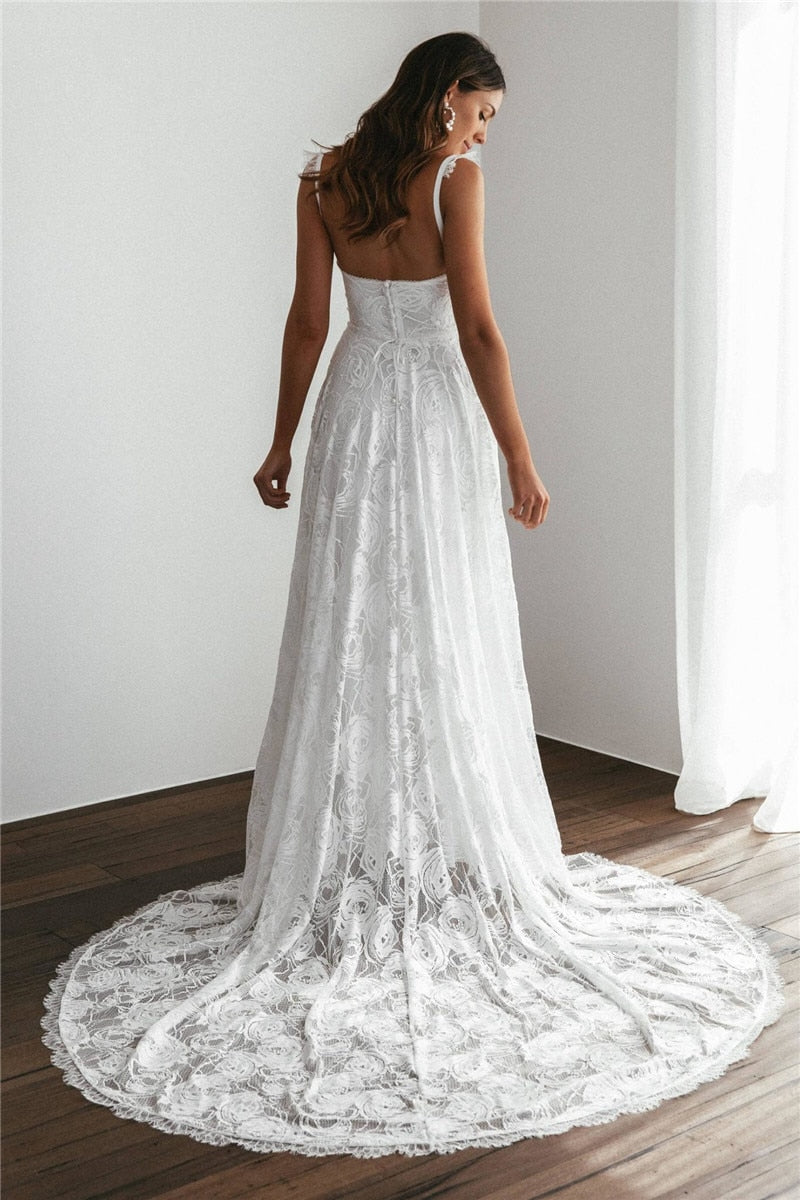 Simple Lace Boho Wedding Dress - TulleLux Bridal Crowns &  Accessories 