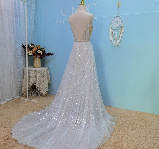 Sheer Shiny Sequined Court Train Backless Boho Bridal Gown – TulleLux ...