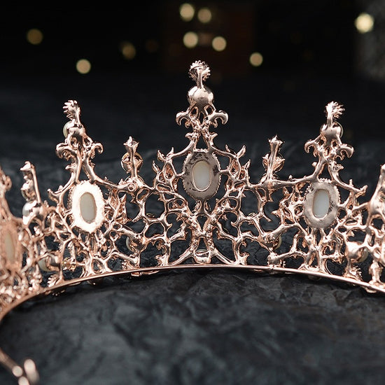 Oversized Pearl Baroque Luxury Rose Gold Crystal Bridal Tiara Crown