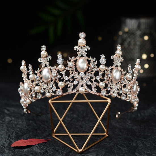 Oversized Pearl Baroque Luxury Rose Gold Crystal Bridal Tiara Crown