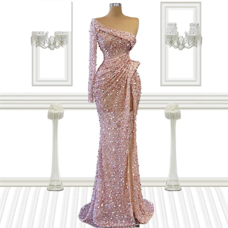 Load image into Gallery viewer, Beaded Pink One Shoulder Party/Pageant Dress Evening Gown - TulleLux Bridal Crowns &amp;amp;  Accessories 
