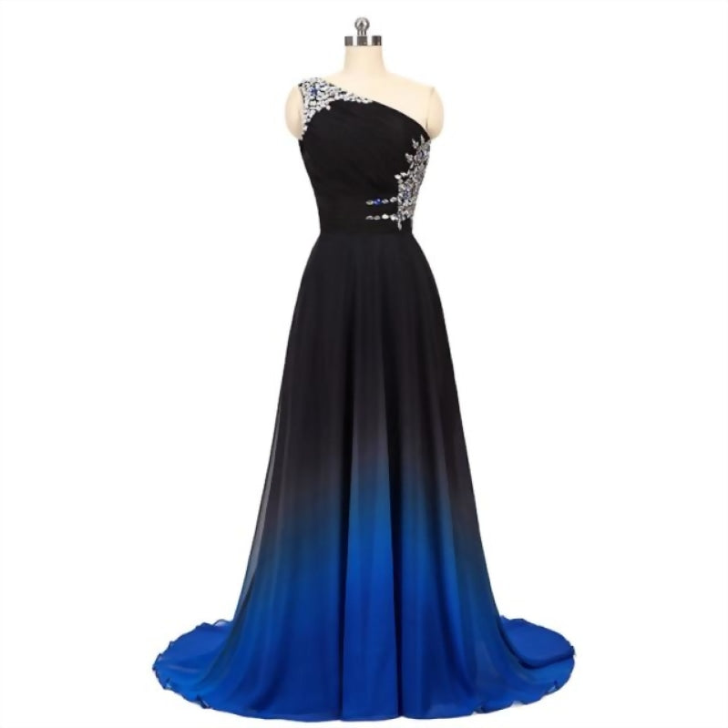 One Shoulder Gradient Chiffon Formal Beaded Evening Dress - TulleLux Bridal Crowns &  Accessories 