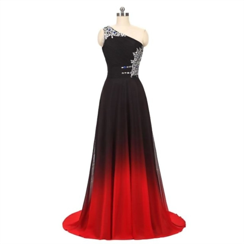 One Shoulder Gradient Chiffon Formal Beaded Evening Dress - TulleLux Bridal Crowns &  Accessories 