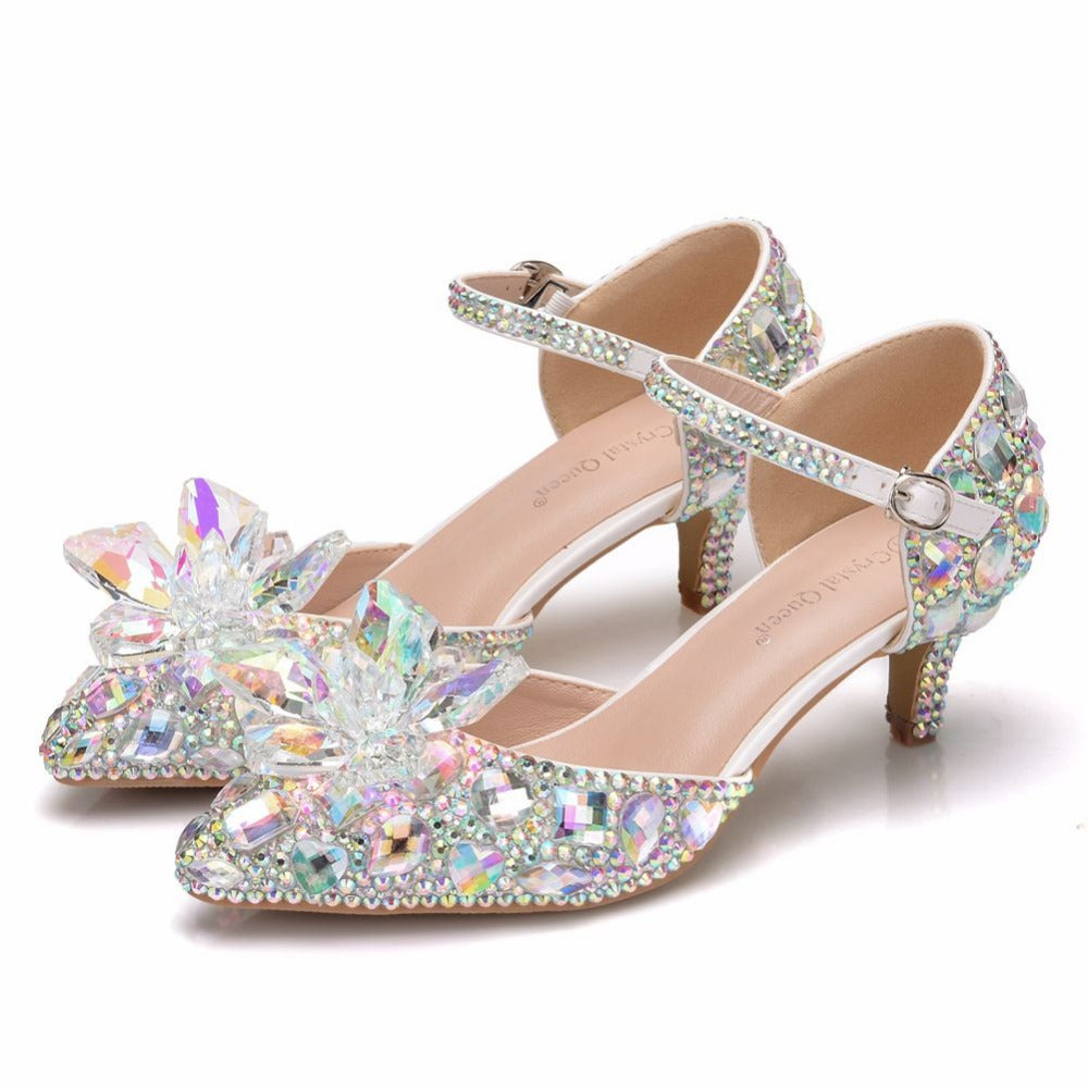 Crystal Queen Pointed Toe Cinderella Pumps Rhinestone Mary Jane Heels ...