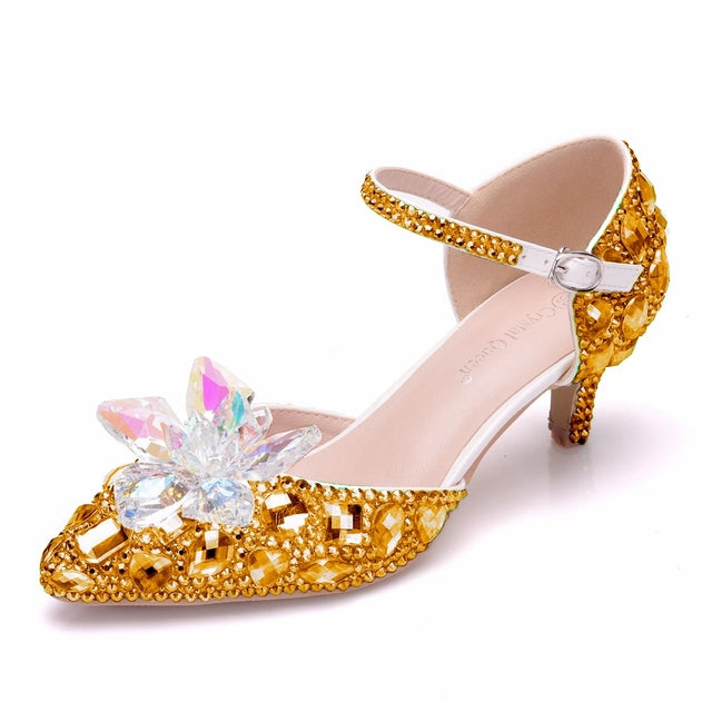 Crystal Queen Pointed Toe Cinderella Pumps Rhinestone Mary Jane Heels