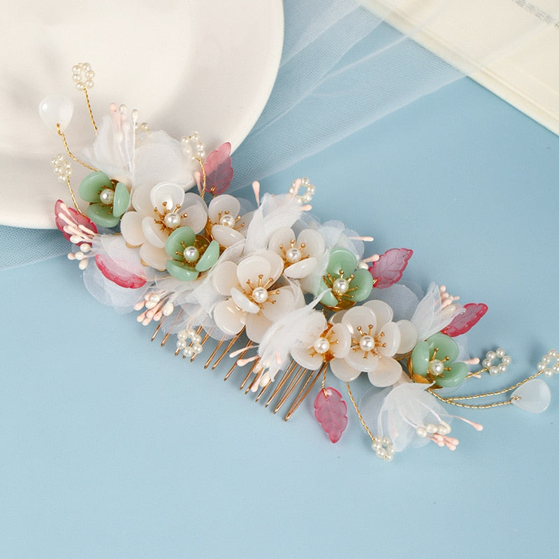 Handmade Crystal Pearls Flower Hair Combs Bridal Wedding Hair Accessory - TulleLux Bridal Crowns &  Accessories 