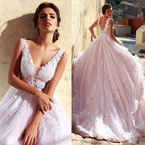 Romantic Tulle Deep V Neckline A-line Wedding Dress With Lace Appliques - TulleLux Bridal Crowns &  Accessories 