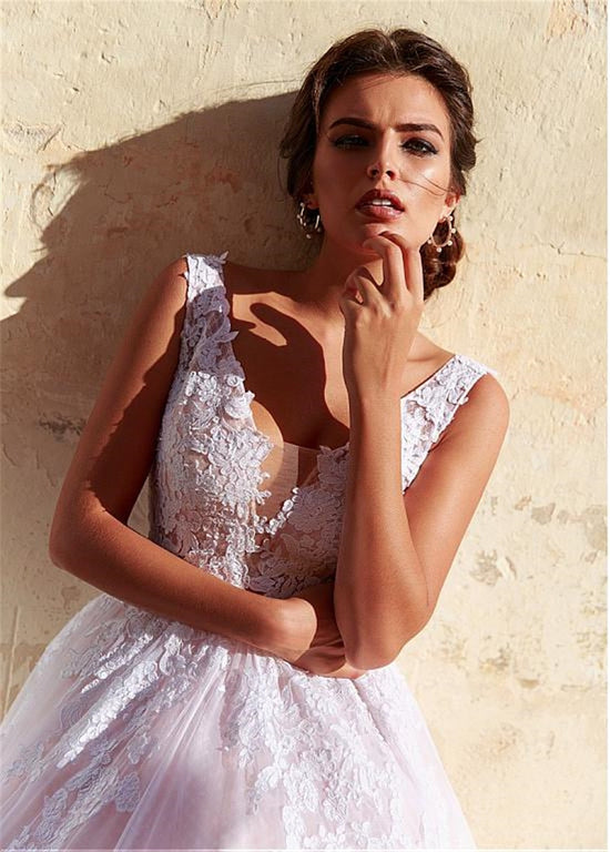 Romantic Tulle Deep V Neckline A-line Wedding Dress With Lace Appliques - TulleLux Bridal Crowns &  Accessories 