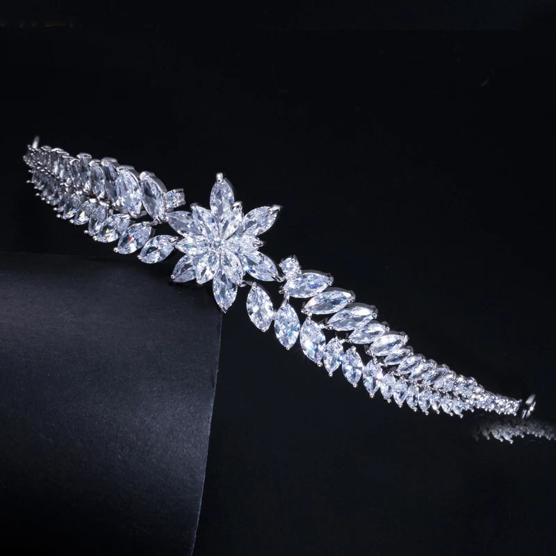 Luxury Marquise Cut Cubic Zirconia Leaf Flower Bridal Wedding Tiara Crown