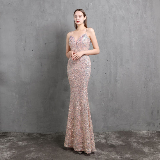 Sequined V Neck  Evening Party Maxi Dress