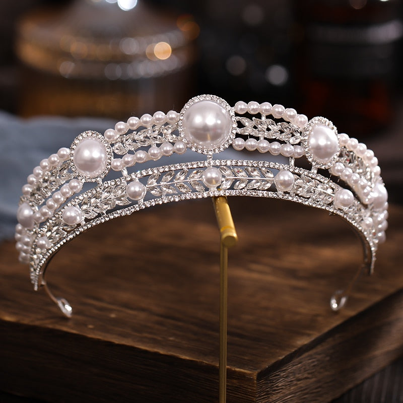 Vintage Baroque Silver Color Pearl  Queen Princess Tiara Crown - TulleLux Bridal Crowns &  Accessories 