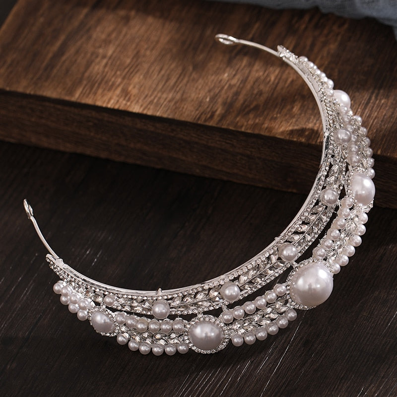 Vintage Baroque Silver Color Pearl  Queen Princess Tiara Crown - TulleLux Bridal Crowns &  Accessories 